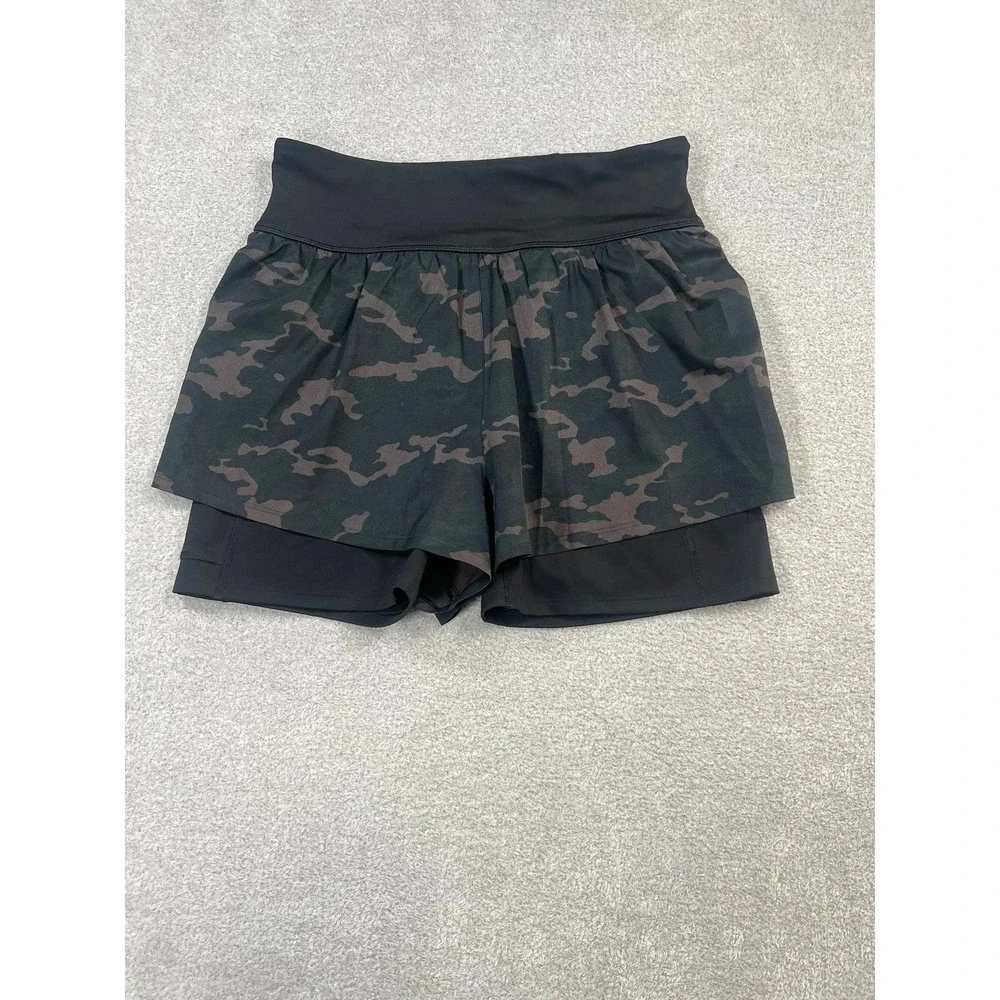 SPANX Get Moving 2-in-1 Athletic‎ Shorts Black Camo Compression Liner Womens M